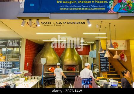 Pizzeria with wood fired ovens, food court, Mercato Centrale, central market hall, centro storico, Florence, Italy Stock Photo