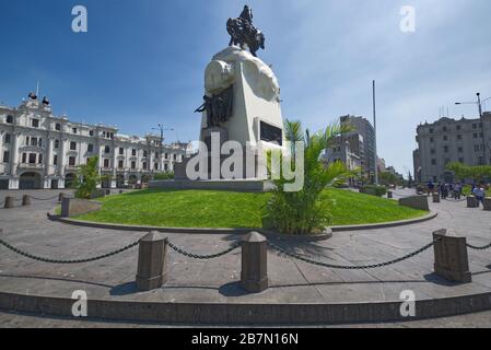 Lima, Peru - April 18, 2018: Back of statue of General San Martin showing additional sculpture at rear. Stock Photo