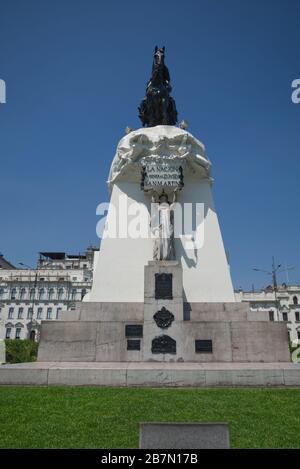 Lima, Peru - April 18, 2018: Statue of General San Martin in vertical orientation showing full length with buildings in background. Stock Photo