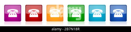 Phone icon set, colorful square glossy vector illustrations in 6 options for web design and mobile applications Stock Vector