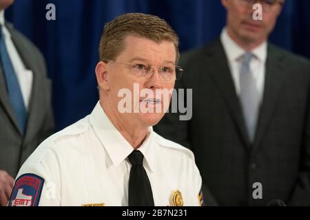 March 16, 2020, San Antonio, Texas, USA: Texas Emergency Response Director NIM KIDD gives an update to Texas' coronavirus pandemic response at a meeting of state leaders in San Antonio's Emergency Operations Center (EOC). Gov. Greg Abbott confirmed the first coronavirus-related death in Texas later in the day. (Credit Image: © Bob Daemmrich/ZUMA Wire) Stock Photo