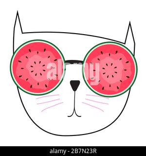 Cute Handdrawn Cat with Watermelon Sunglass Vector Illustration Stock Vector