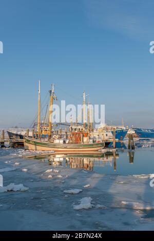 Ice-covered habour in extremely cold winter, island of Föhr, North Sea, Unesco World Heritage, North Frisia, Schleswig-Holstein, North Germany, Europe Stock Photo