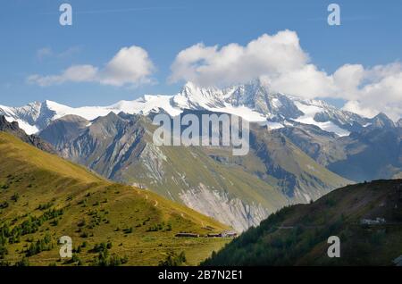 Austria, Tirol, panorama in Austrian Alps with Grossglockner and Kals-Matreier-Toerl inn on Goldried mountain, preferred travel destination for hiking Stock Photo