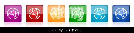 Social icon set, internet, communication, global technology colorful square glossy vector illustrations in 6 options for web design and mobile applica Stock Vector