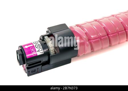 cartridges for laser printers aligned on a white background. Stock Photo