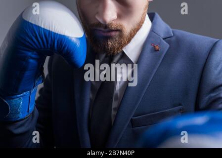 main plan, studio dramatic portrait of a handsome young bearded guy of twenty-five years old, a man in a business suit, looking at the camera, holding Stock Photo