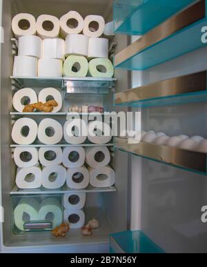 A supply of toilet paper , stored in the refrigerator with garlic, lemon , and ginger. A funny photo. Stock Photo