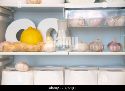 A supply of toilet paper , stored in the refrigerator with garlic, lemon , and ginger. A funny photo. Stock Photo