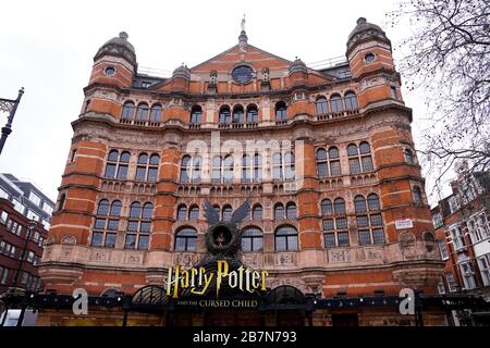 Harry Potter and the Cursed Child signage at The Palace Theatre the day after Prime Minister Boris Johnson called on people to stay away from pubs, clubs and theatres, work from home if possible and avoid all non-essential contacts and travel in order to reduce the impact of the coronavirus pandemic. Stock Photo