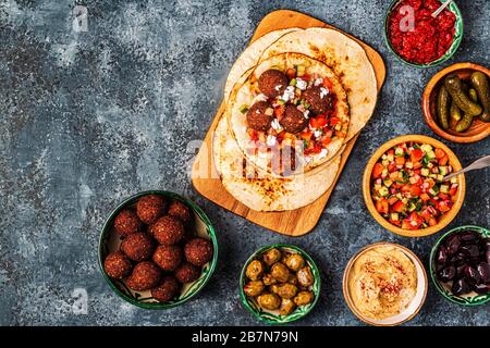 Falafel - traditional dish of Israeli and Middle Eastern cuisine, top view. Stock Photo