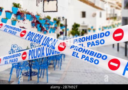Mijas quarantined street. Public places closed caused by pandemic disease situation. Quarantine globally spread infection. Stop COVID-19 coronavirus Stock Photo