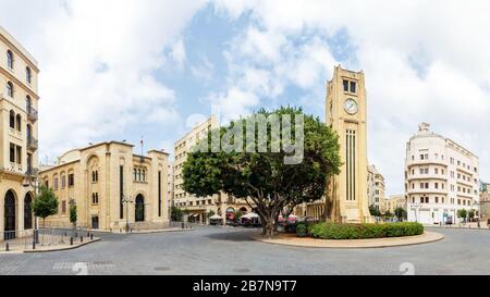 Panorama of Nejme Square or Place de l'Etoile in downtown Beirut Central District, with the clock tower and Lebanese Parliament, Lebanon Stock Photo