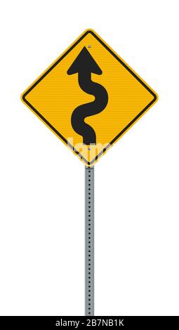 Vector illustration of the Winding road traffic yellow road sign on metallic post Stock Vector