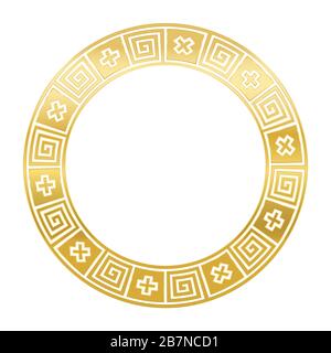 Classical golden Greek meander, circle frame, made of seamless meander pattern. Decorative border with meanders and crosses in black squares. Stock Photo