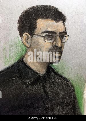 Court artist sketch dated 27/01/20 by Elizabeth Cook of Hashem Abedi, younger brother of the Manchester Arena bomber, in the dock at the Old Bailey in London he has been found guilty of murder over the bombing that killed 22 people. Stock Photo