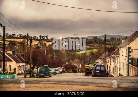 Empty typical Irish village Coolgreany, co. Wexford, at st. Patrick day in time when should be parade, which was cancelled over Covid19. 17 March 2020 Stock Photo