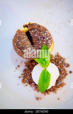 Chocolate pudding and ice cream Stock Photo