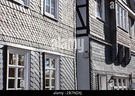 Houses clad in slate, Bad Berleburg, Wittgensteiner Land district, North Rhine-Westphalia, Germany, Europe Stock Photo
