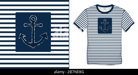 Print on t-shirt graphics design, anchor icon chalky, sailor stripes  background vector Stock Vector