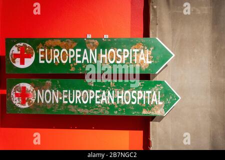 Two signs indicating European Hospital and Non-European Hospital from Apartheid time in South Africa Stock Photo