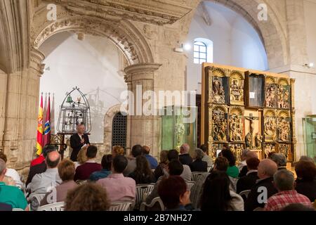 Dedication of a 17th century mechanical clock in the El Museo Comarcal de Arte Sacro in Peñafiel, Castile and León, Spain. The clock, once used the vi Stock Photo