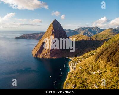 Saint Lucia Caribbean Island, huge Piton mountains at the beach of tropical Island of Saint Lucia Stock Photo