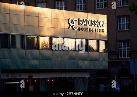 Copenhagen, Denmark’s capital,  Danish luxury hotel SAS Radisson Collection Hotel, Royal Copenhagen renowned architect Arne Jacobsen Stock Photo