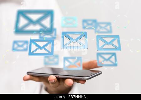 Man holding message icons-social media concept Stock Photo