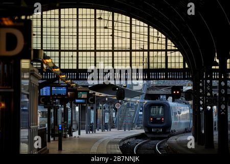 Copenhagen, Denmark’s capital,  Copenhagen large central railway station. Stock Photo
