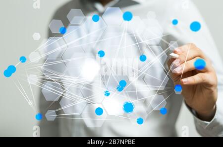 Male hand and dots connected to each other- global connectivity data and digital network Stock Photo
