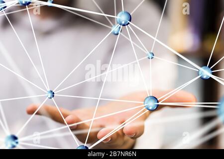 Male hand and small globes connected -global connectivity data and digital network Stock Photo