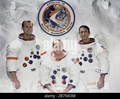 Apollo 15 - NASA, c1971. The prime crew for the Apollo 15 lunar landing mission: from left, David R. Scott, commander; Alfred M. Worden, command model pilot; and James B. Irwin, lunar module pilot, c1971. Stock Photo