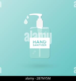 Hand sanitizer bottle isolated with pump. Washing alcohol gel used against viruses, bacteria, flu, coronavirus. Waterless hand cleaner. Handwashing. Stock Vector