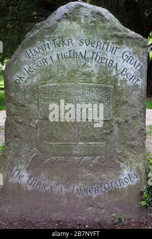 A Viking Ship (carvings derived from Anglo saxon Art) - Gravestone of Jorge Luis Borges, Cimetière des Rois, Plainpalais, Geneva, Switzerland Stock Photo