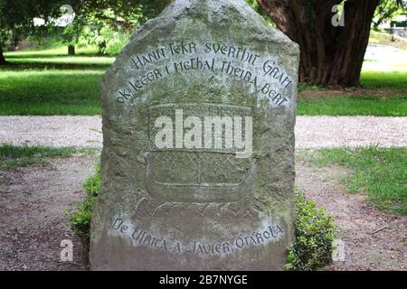 A Viking Ship (carvings derived from Anglo saxon Art) - Gravestone of Jorge Luis Borges, Cimetière des Rois, Plainpalais, Geneva, Switzerland Stock Photo