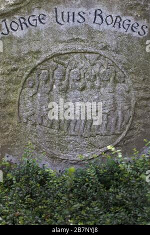 Ancient Norse warriors going to battle (from Old Norse Art) -  Gravestone of Jorge Luis Borges, Cimetière des Rois , Plainpalais, Geneva, Switzerland Stock Photo