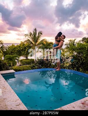 Saint Lucia caribbean, couple on vacation at the tropical Island of St Lucia , men and woman on advenure trip Stock Photo