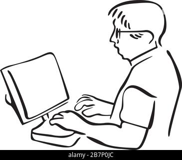 boy in glasses in front of the computer Stock Vector