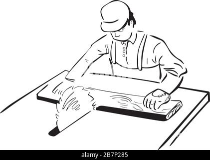 carpenter cuts the boards with a circular saw Stock Vector