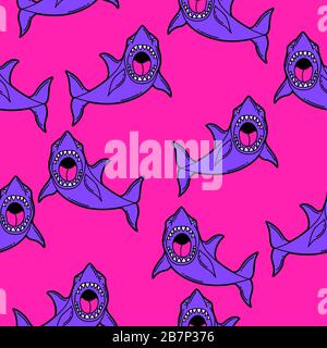 Seamless pattern with cartoon sharks. Urban colorful teenage creative background. Stock Vector