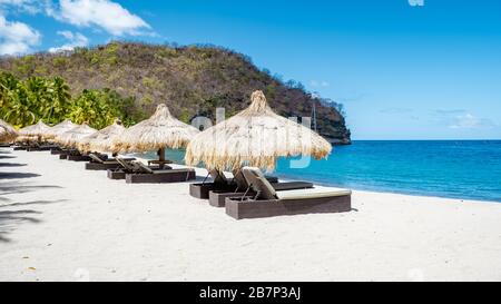 Saint Lucia Caribbean Island, huge Piton mountains at the beach of tropical Island of Saint Lucia Stock Photo