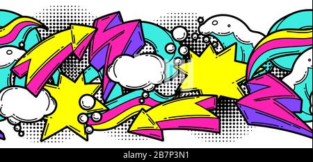 Seamless pattern with cartoon decorative elements. Urban colorful teenage creative background. Stock Vector