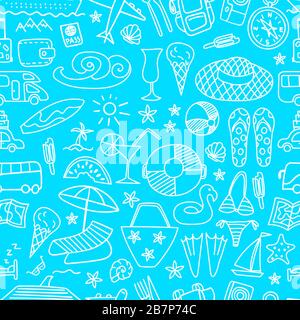 Seamless pattern with summer travel hand drawn icons on azure background. Vector illustration. Stock Vector