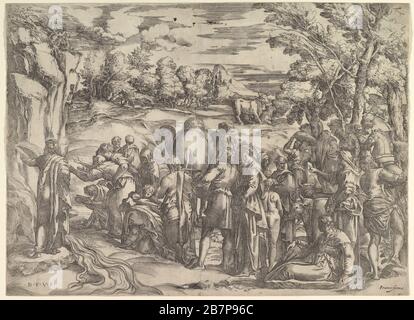 Moses Drawing Water from the Rock, at left with water flowing, various figures and animals waiting at right, ca. 1552-61. Stock Photo