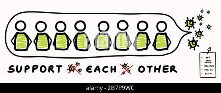 Support each other corona virus covid 19 stickman infographic. Considerate community help graphic clip art.Worl wide viral pandemic affects everyone Stock Vector