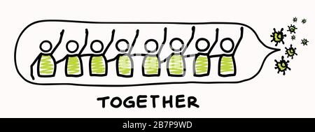 Support each other corona virus covid 19 stickman infographic. Considerate community help graphic clip art.Worl wide viral pandemic affects everyone Stock Vector