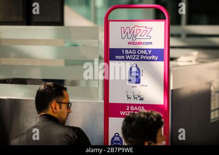 Otopeni, Romania - February 25, 2020:  Wizzair trolley bag measurements inside an airport. Stock Photo