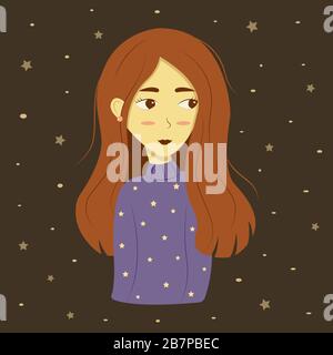 Beautiful cute long red-haired girl looks away. Purple sweater with a pattern of stars. Colorful cartoon style illustration on brown background Stock Vector
