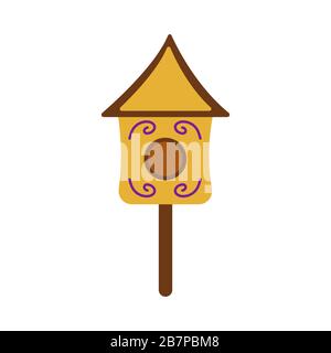 Cute wooden birdhouse. Colorful illustration on a white background in cartoon style. Feeding trough for birds arriving from warm edges in the spring. Stock Vector